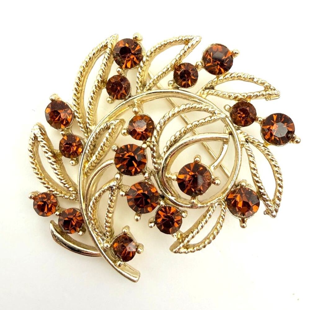 Vtg Signed Lisner MCM Brooch Floral Branch Brown Crystal Rhinestone Gold Tone